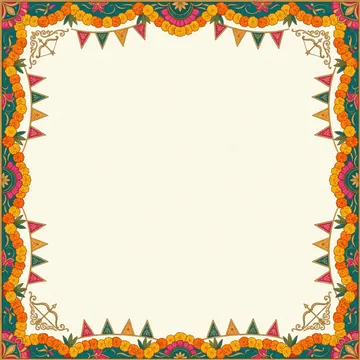 Warm ivory Dussehra background framed with marigold garlands, victory flags and bow-and-arrow motifs